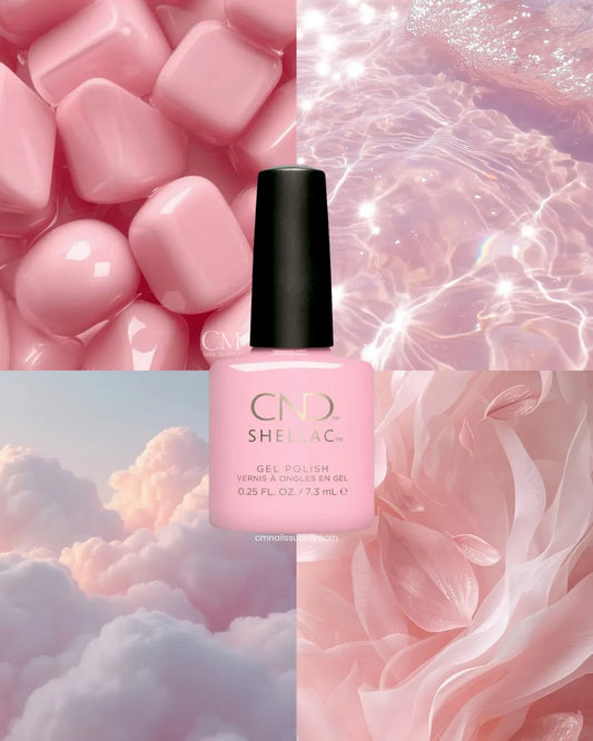 CND Candied Shellac nail polish bottle with pink background and cloud textures