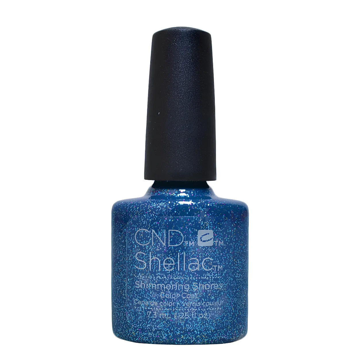 A bottle of CND Shellac Shimmering Shores nail polish in a sparkling medium blue shade, featuring a black cap, on a plain white background.