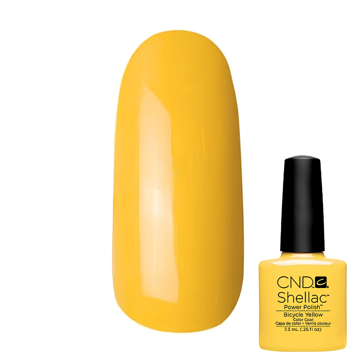 CND Shellac bicycle yellow gel nail polish in the shade Bicycle Yellow, shown with a large glossy color swatch and the bottle on a white background.