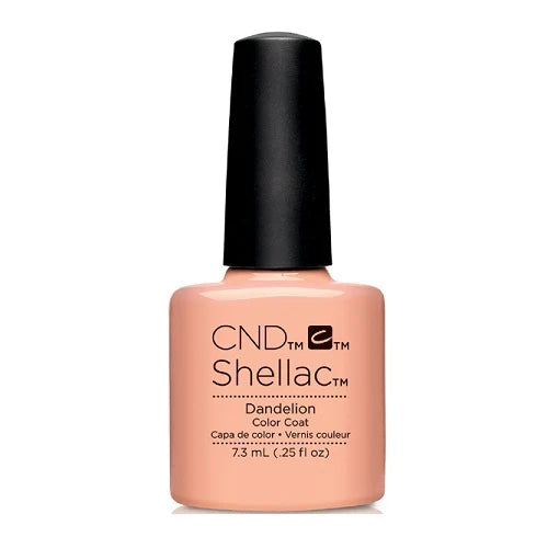 A bottle of CND Shellac Dandelion Color Coat nail polish in a peachy pink shade with a black cap, shown on a plain white background.