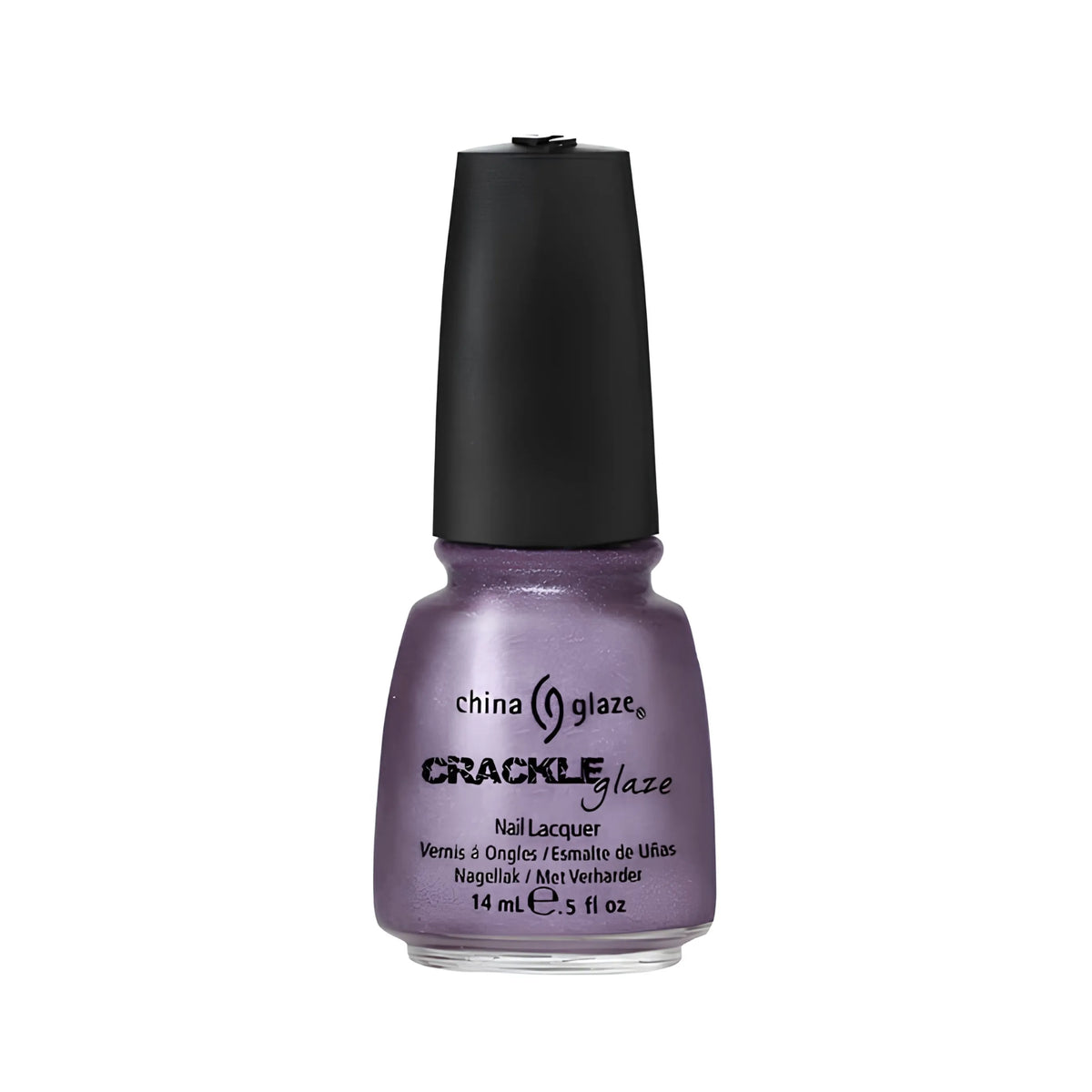 A bottle of China Glaze Crackle Glaze 1045 Latticed Lilac nail lacquer, featuring a metallic lavender-purple polish and a black cap, set against a plain white background.