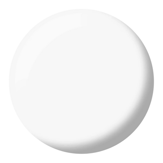 A glossy white circular swatch DC White Chalk #056 - Gel Nail Polish background.