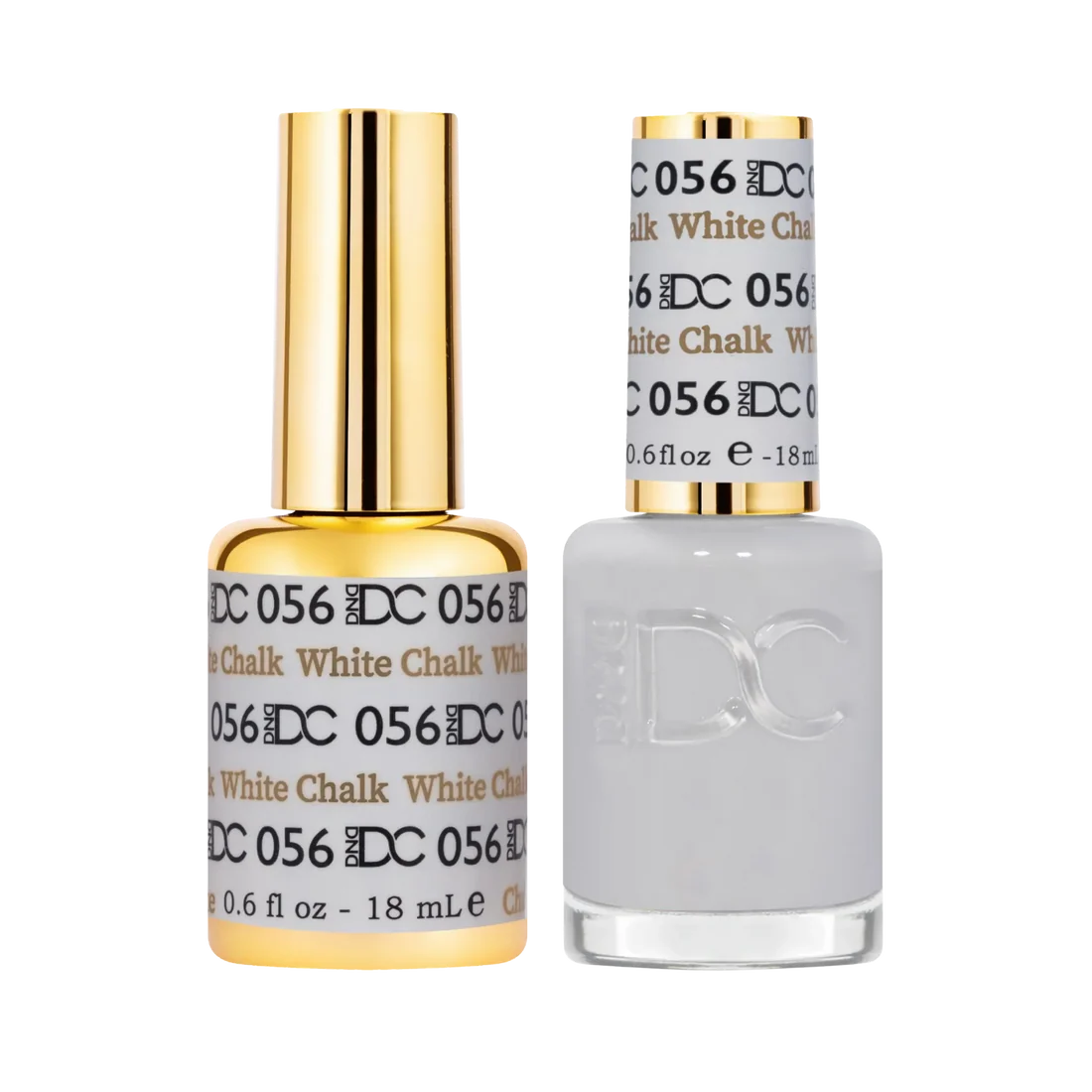 Two bottles of DC 056 White Chalk nail polish shown on a plain white background, one a gel polish and one a nail polish bottle