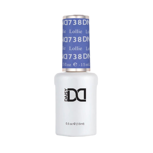 A bottle of DND Lollie 738 Gel Polish bottle on a solid white background. The bottle is frosted white with a metallic silver cap and a blue label featuring white text.