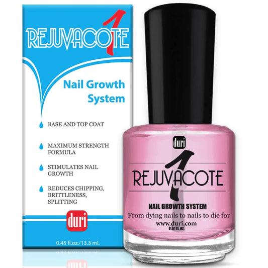 Duri Rejuvacote nail growth system with pink nail polish bottle and packaging on a white background