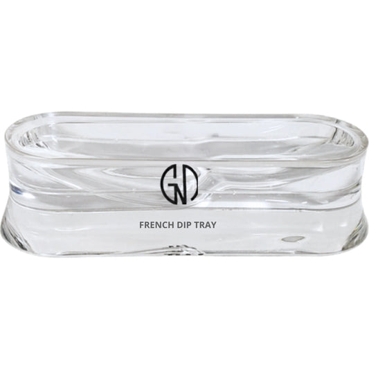 Clear glass French dip tray with a brand logo on a white background
