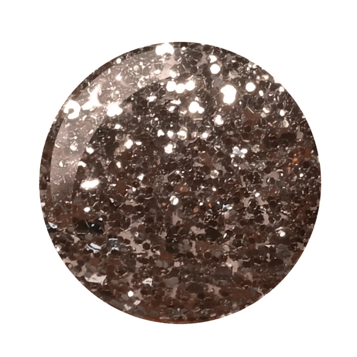 A circular close-up swatch of a glittery, metallic bronze-brown cosmetic or material texture on a plain white background.