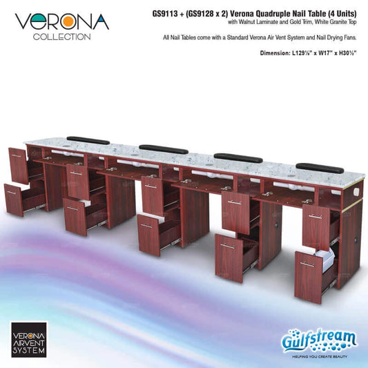 Verona Quadruple Nail Table with Gulfstream branding on a white background