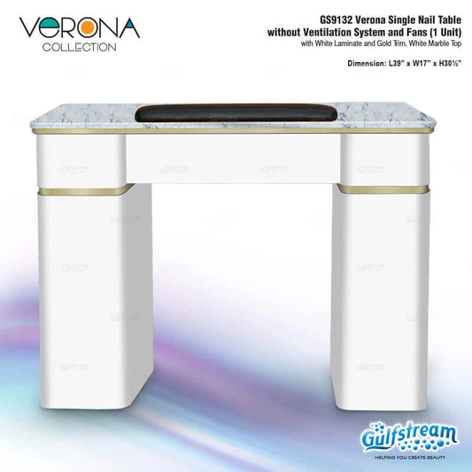 Gulfstream Verona Collection nail table with white marble top and gold trim on a white background