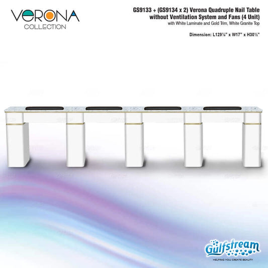 Verona Quadruple Nail Table with white laminate and gold trim on a white background