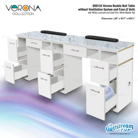 Gulfstream Verona Collection GS9133 Verona Double Nail Table with white marble top on a white background