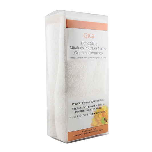 A package of Gigi Paraffin Insulating Hand Mitts, showing a white cotton mitt inside a clear plastic sleeve with a white paper label featuring orange accents.