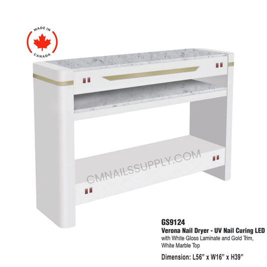 Nail dryer with white gloss laminate and gold trim, made in Canada, on a white background.