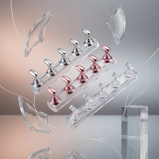 Press-On Nail Display Stands with Clear Plastic Base – Metallic Pink, Silver & Clear