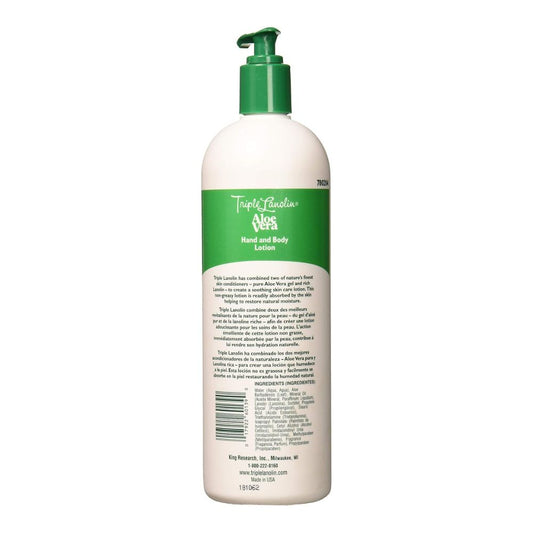 Triple Lanolin Lotion Aloe Vera 20 oz back label ingredients and details