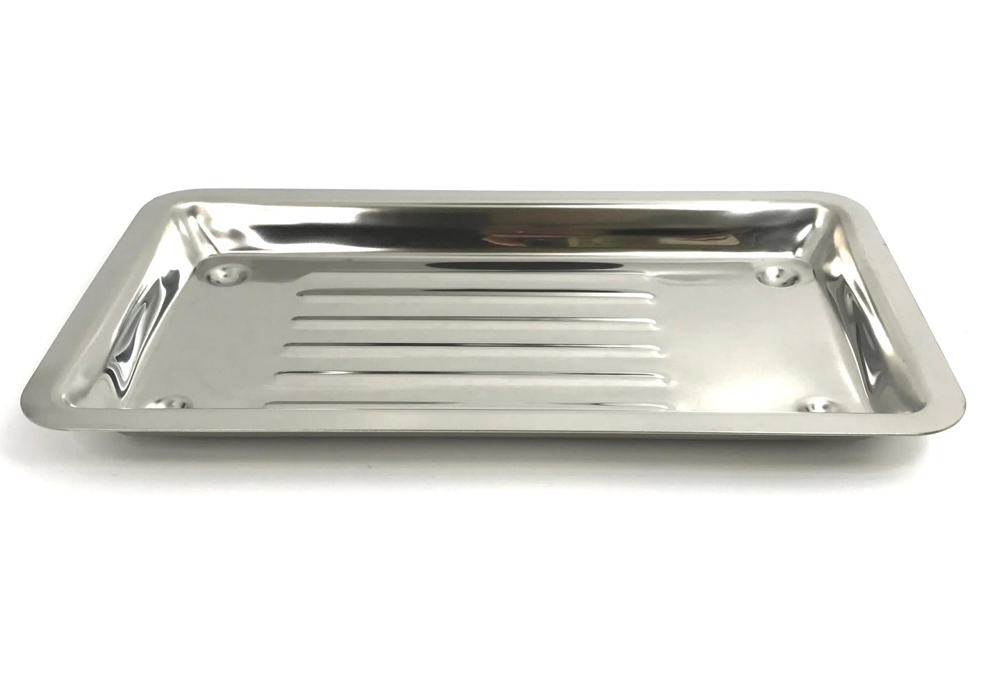 Close-up of the seamless, autoclavable 304 stainless steel construction of the tray