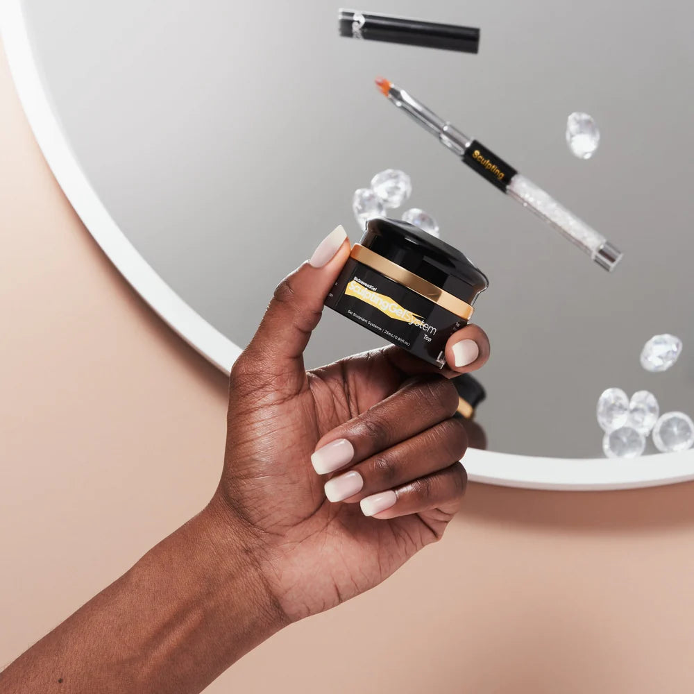 Before and after comparison showing matte builder gel versus top gel sealed high-gloss finish.