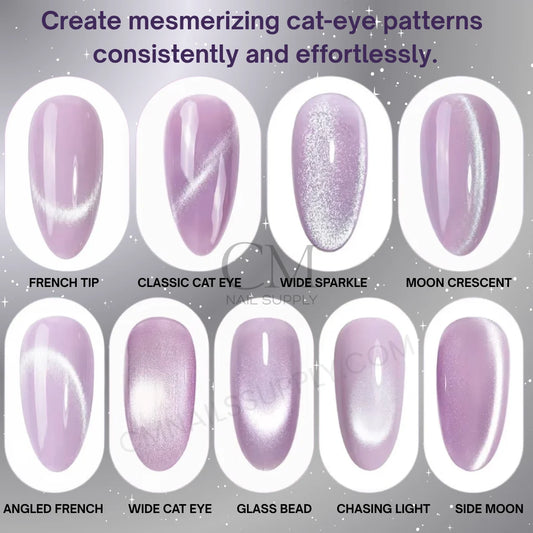 A nail art guide showing ten different cat-eye nail tip shapes and finishes in a light lavender-purple shade, labeled French Tip, Classic Cat Eye, Wide Sparkle, Moon Crescent, Angled French, Wide Cat Eye, Glass Bead, Chasing Light, Side Moon, with a watermark for 'Nail Supply' across the center.