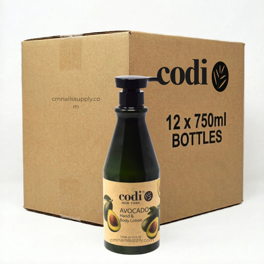 Bottle of codi Avocado Hand & Body Lotion with a cardboard box labeled '12 x 750ml Bottles'.