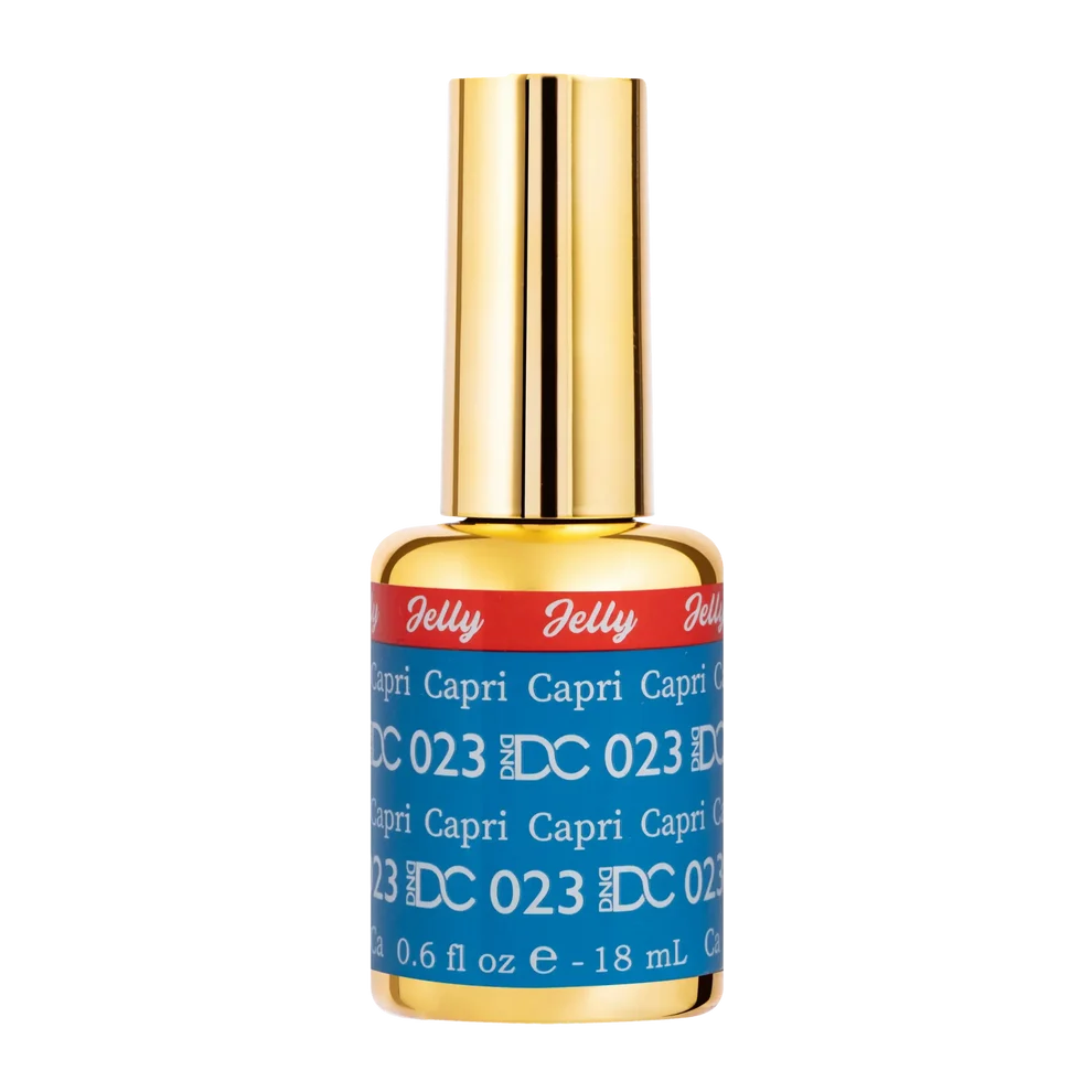DC Jelly 023 Capri gel polish nail polish bottle showing the jelly gel polish formula in a bright azure blue shade