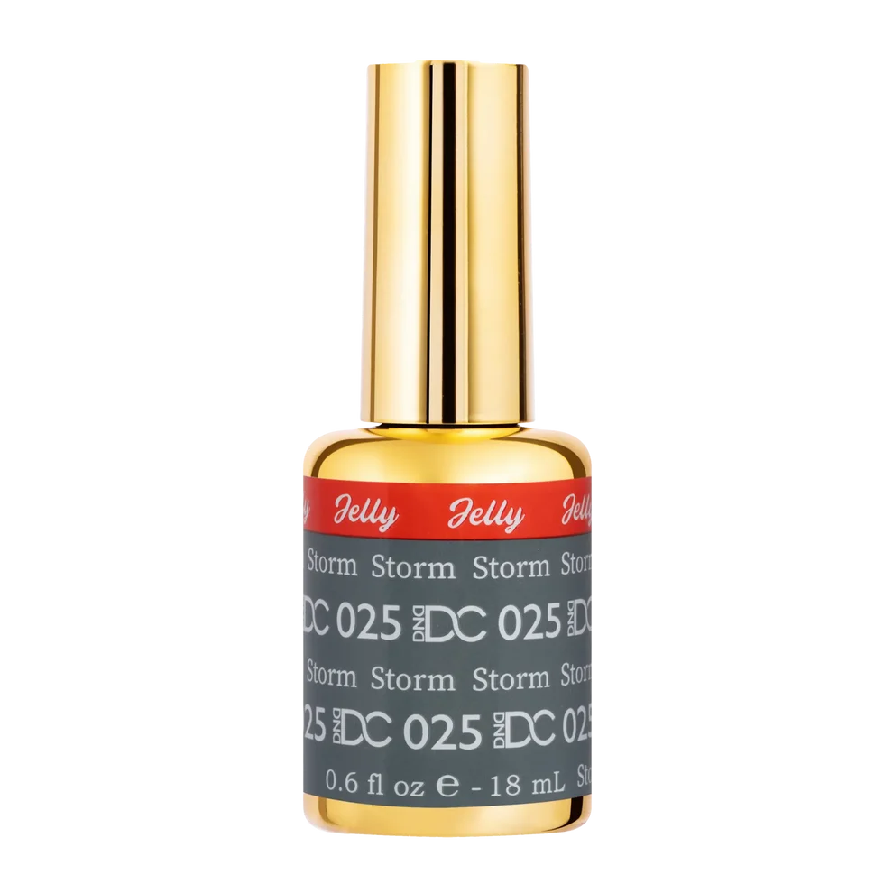 DC Jelly 025 Storm gel polish nail polish bottle showing the jelly gel polish formula in a warm grey shade