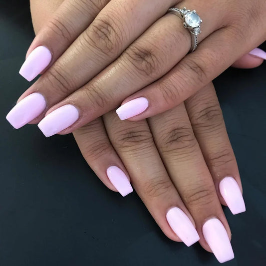 Delicate baby pink manicure featuring DND Ballet Slipper #496 with the matching Gel & Lacquer Duo.