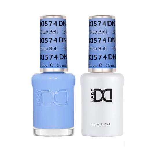 DND Blue Bell #574 gel and lacquer duo set with both bottles shown together