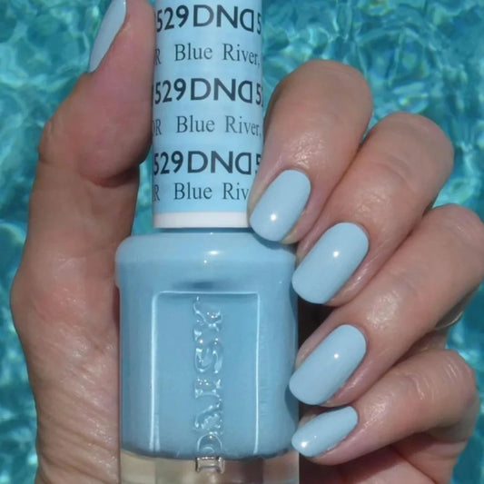 DND Blue River #529 manicure featuring a soft minty blue gel polish finish.
