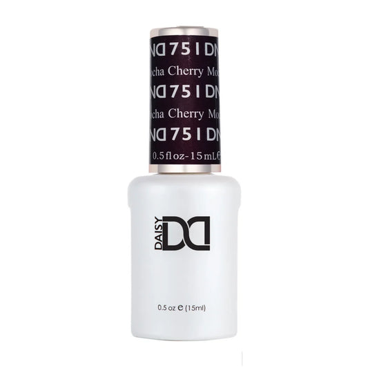 DND Cherry Mocha #751 gel polish bottle, a deep cherry brown gel polish with a red purple undertone from CM Nails Supply