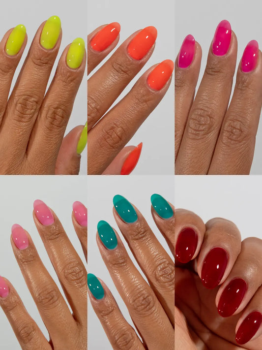DND DC All Star Jelly gel polish swatch display featuring Yellow Citrus Hot Pink Orchid Jade and Sangria