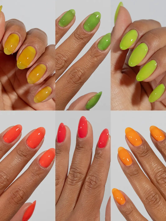 DND DC Freshly Squeezed Jelly gel polish swatch display featuring Tennis Yuzu Green Orange Citrus and Tiger Blood
