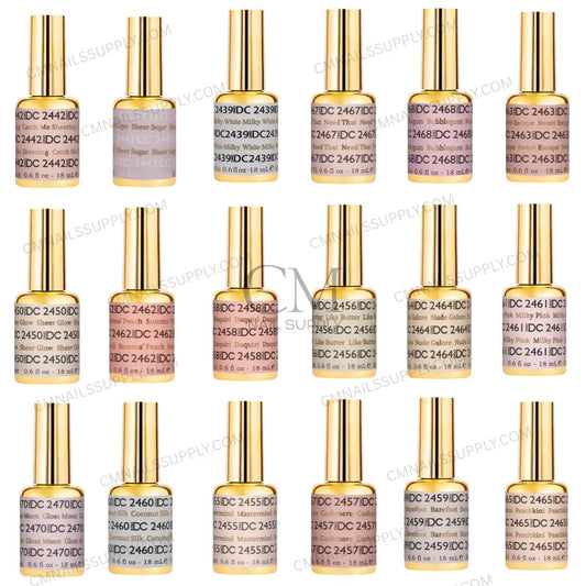 Color swatch chart displaying all 36 shades in the DND DC gel polish collection #13, showing sheer neutral and nude tones side by side