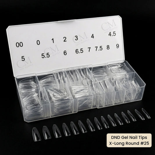 DND gel nail tips long almond showing all 15 sizes including half sizes