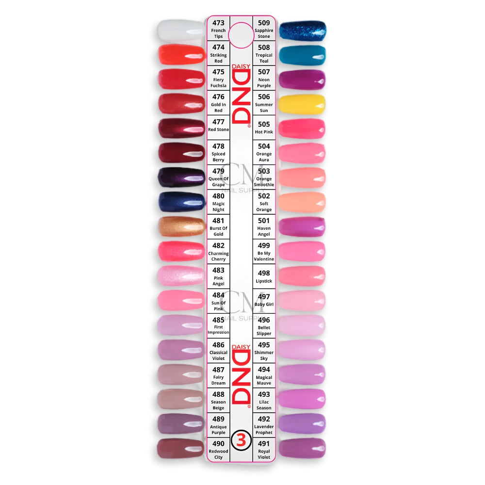 Color chart for DND nail polish with various shades on a white background for wholesale bulk buy