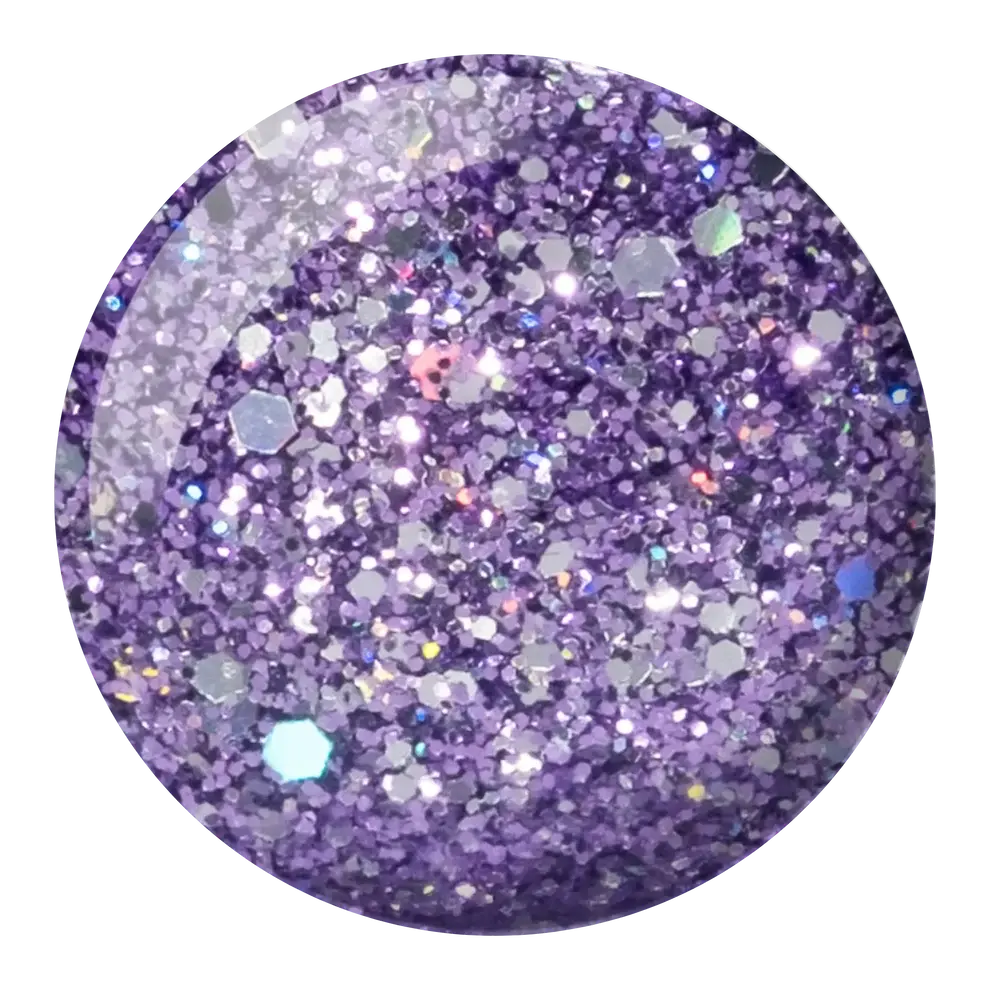 A circular close-up of purple glitter swatch with mixed silver, purple, and iridescent flecks, shown on a plain white background. DND Lavender Daisy Star #404 gel polish and nail lacquer duo