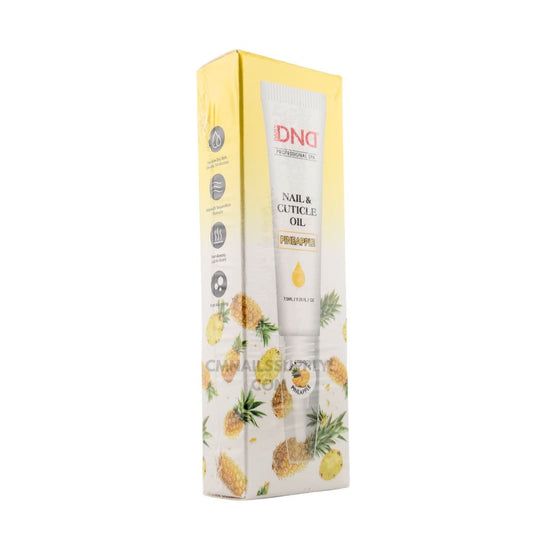 DND pineapple Nail and Cuticle Oil – non-greasy, top-rated cuticle oil made in USA (back label)