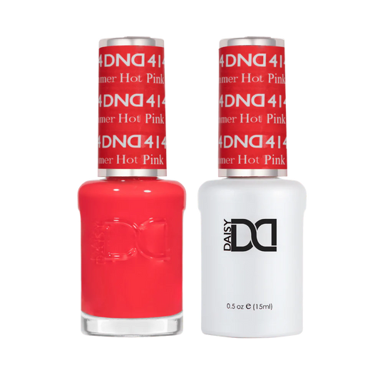DND Summer Hot Pink #414 gel and lacquer duo set showing jelly coral pink salon nail polish system