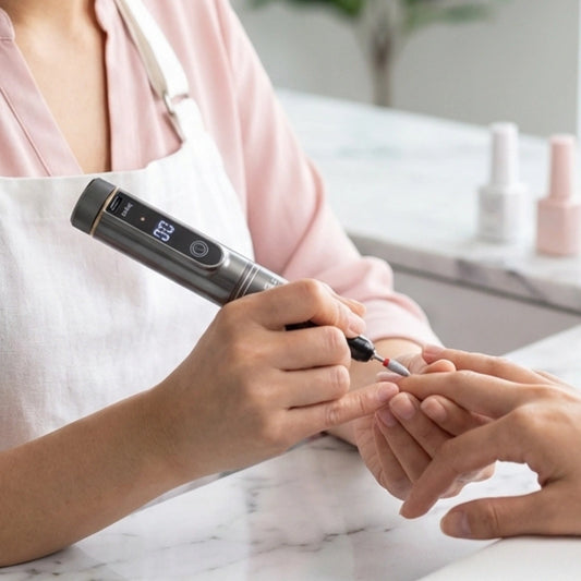 Person getting their nails done with a nail drill in a spa setting
