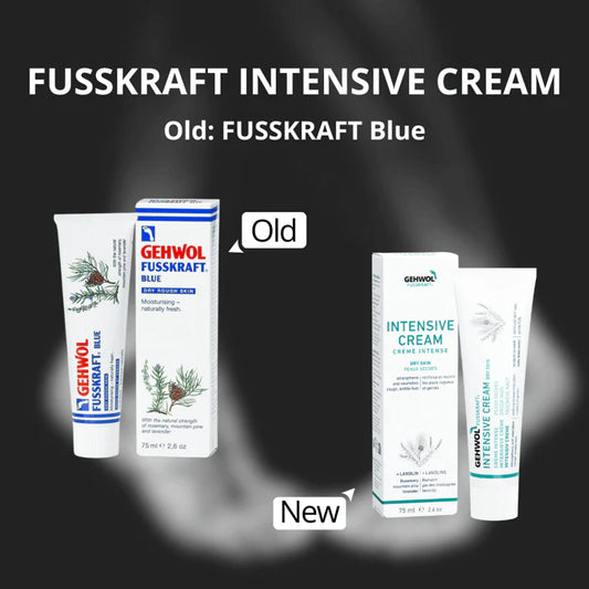Comparison of GEHWOL Fusskraft Intensive Cream old and new packaging on a black background.