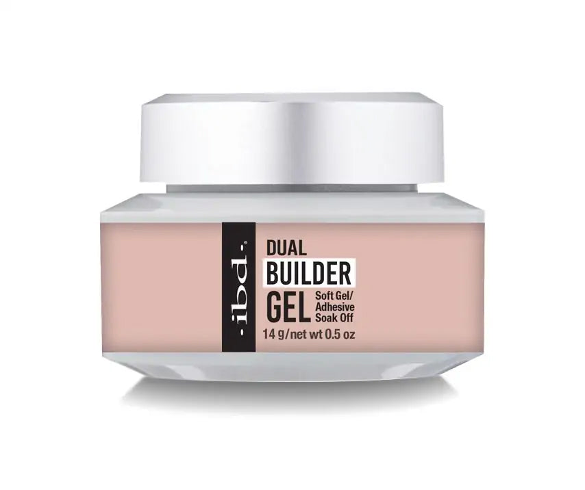 Step by step application infographic for IBD Dual Builder Gel Barely Nude showing soft gel tip placement cure times and finishing steps