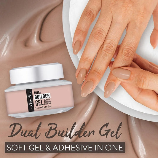 IBD Dual Builder Gel Barely Nude jar with builder gel swatch on top showing sheer translucent soft gel texture and colour