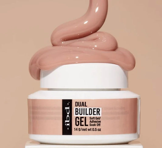 IBD Dual Builder Gel Cool Nude jar with builder gel swatch on top showing soft gel texture and colour