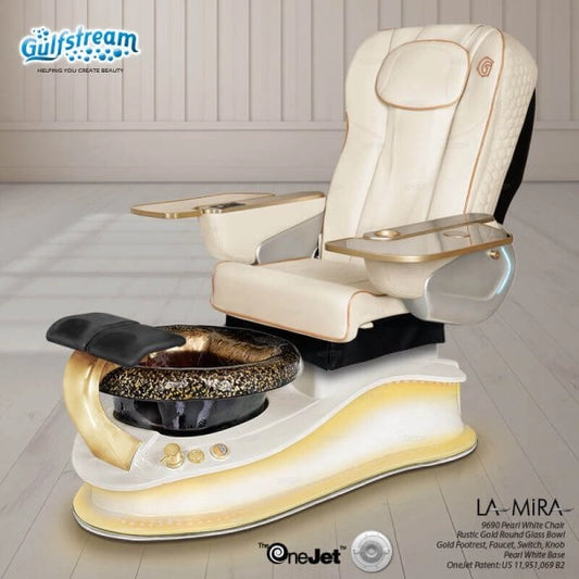 La Mira Pedicure Spa Chair white leather with yellow LED spa base lighting