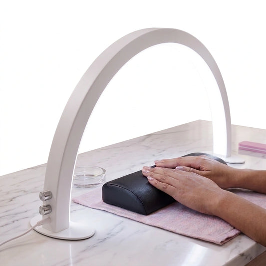 LED half moon nail desk lamp with aluminium and metal frame and nail cushion for manicure tables