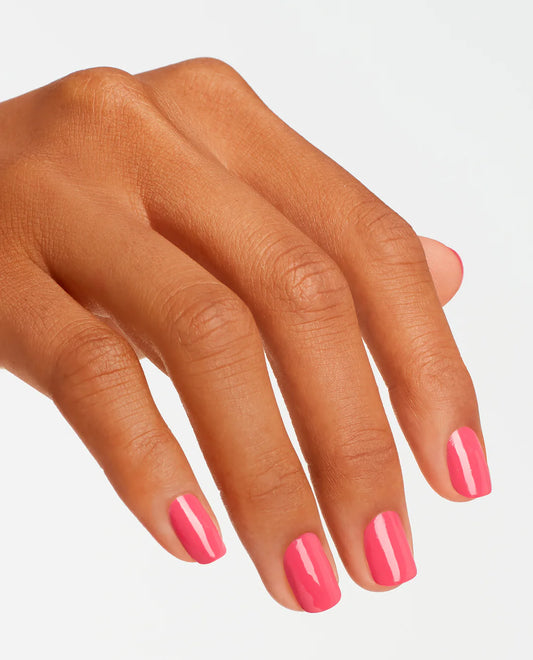 Side-by-side comparison of OPI Gel Strawberry Margarita (M23) in the bottle and applied to a nail swatch.