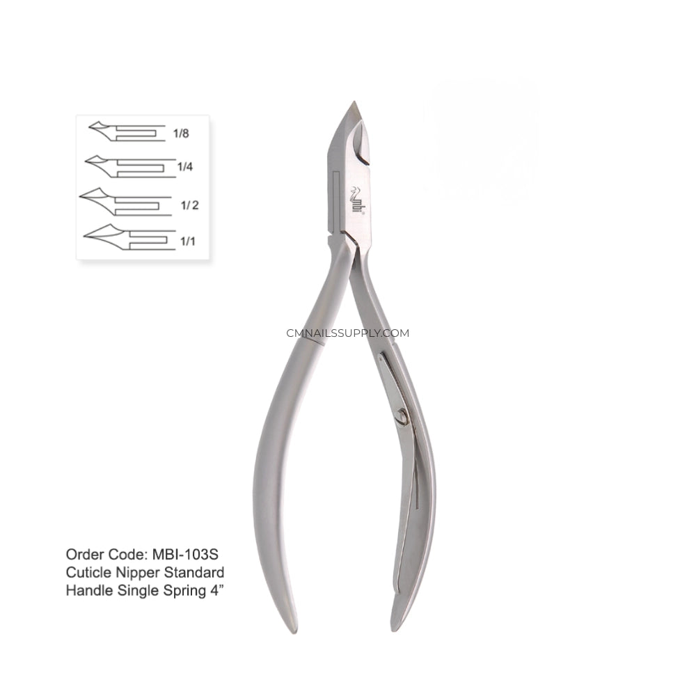 MBI-103 cuticle nipper with single spring and 4 inch handle for professional nail care in Canada.