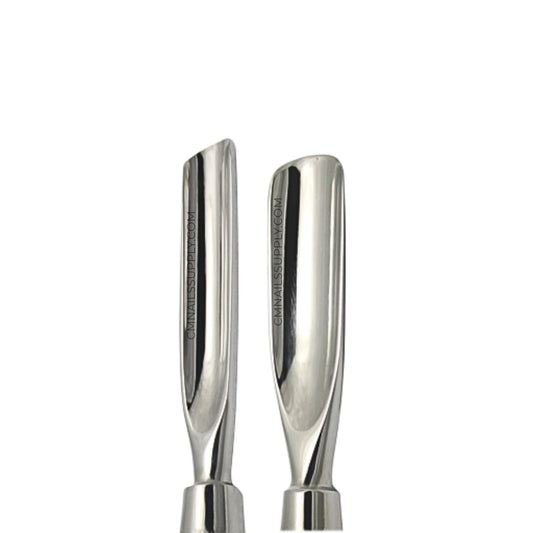 Dual ended stainless steel nail edge cleaner for professional manicure services.