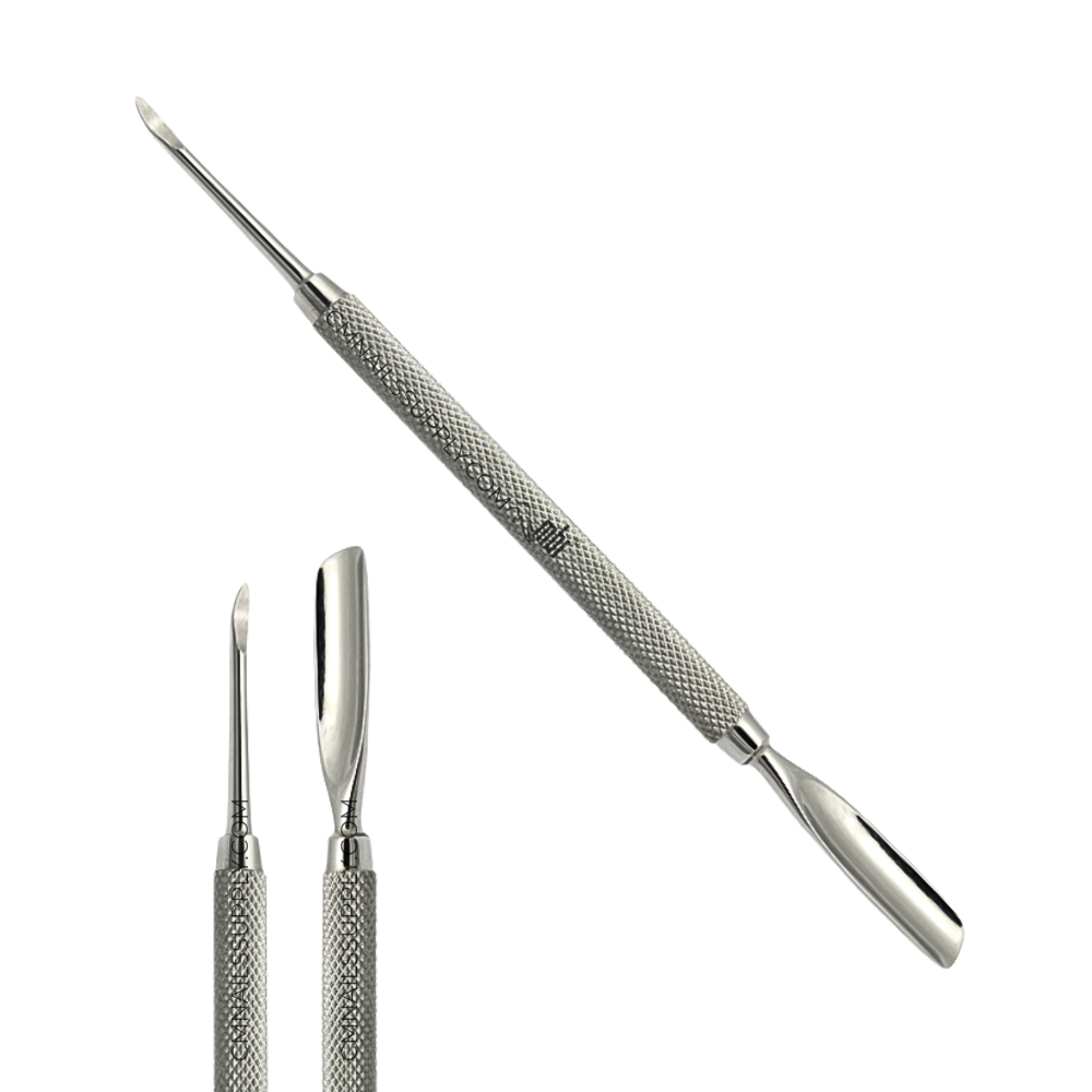 MBI-302 professional cuticle pusher with integrated ingrown nail lifter tool.
