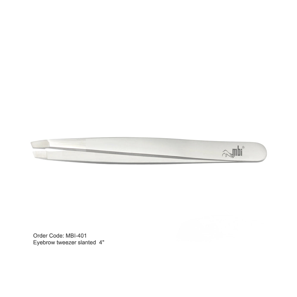 Slanted eyebrow tweezers on a white background with brand logo.