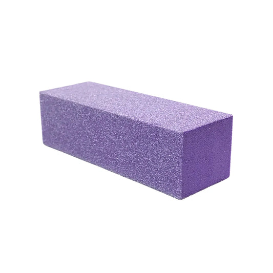 Professional purple 3-way nail buffer block with 100/100 grit specifications on white background.